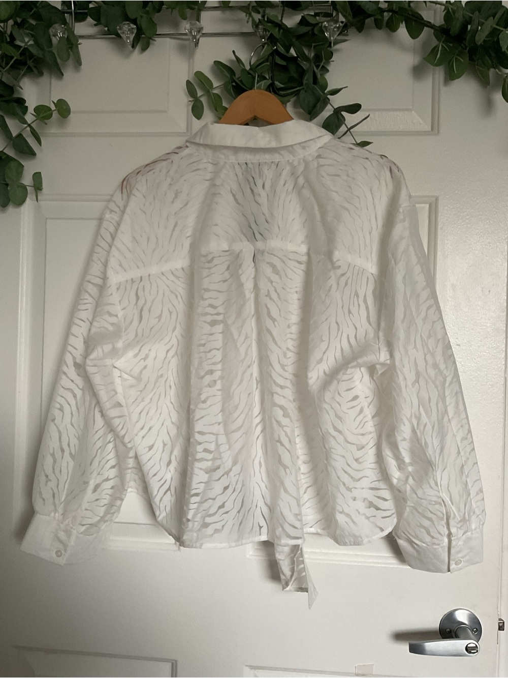 Ashley Stewart White Sheer Zebra-Print Tie Front Button Down Shirt - Picture 4 of 8